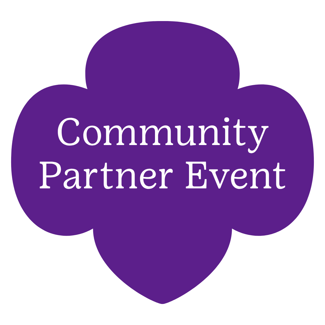 Dark purple trefoil with text that reads 